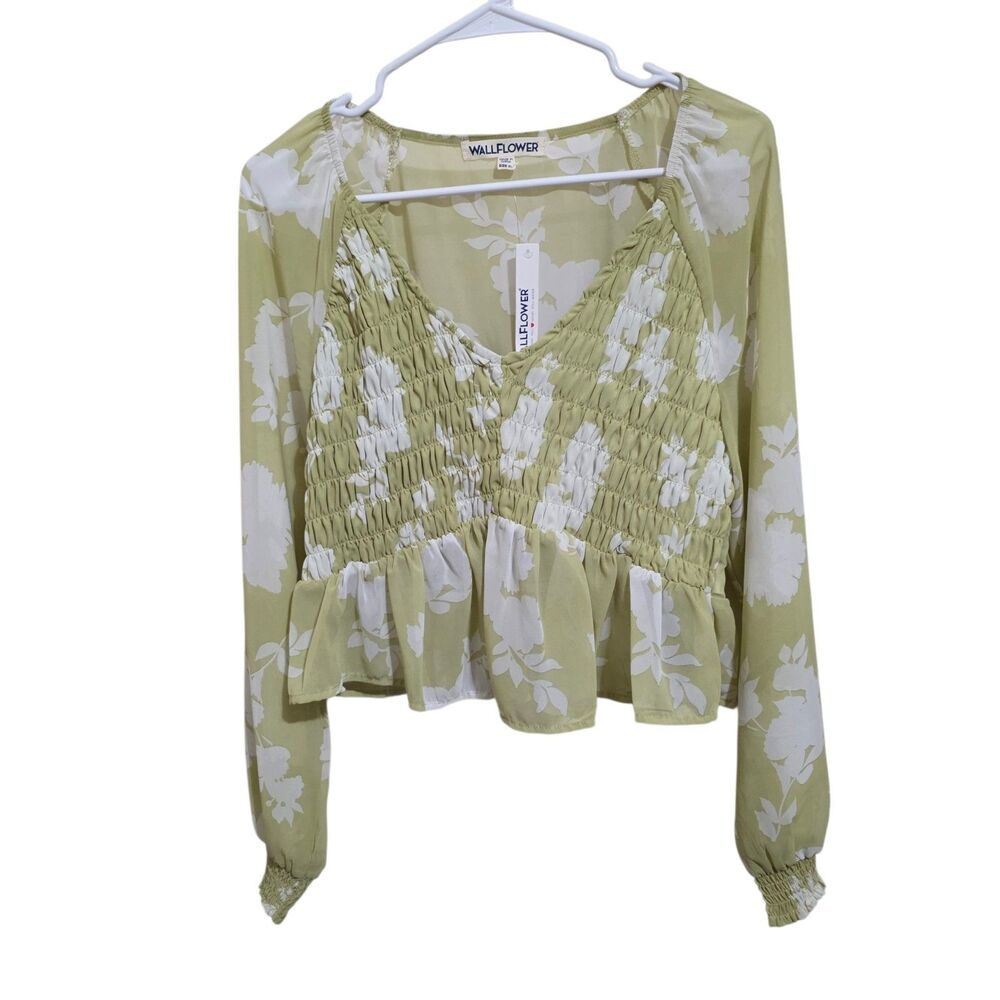 Wallflower Green & White Cropped Blouse Long Sleeve Women's Size XL